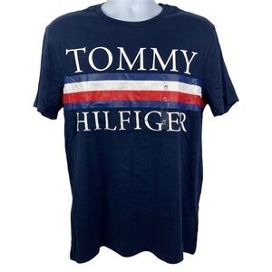 Tommy Hilfiger Fall '21 Graphic Stripe T-Shirt Men's Medium Navy Sleeve Flag NEW